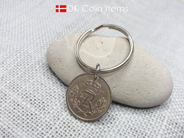 Denmark 1958 coin pendant keychain. 66 year old 25 ore coin with Crown R initial