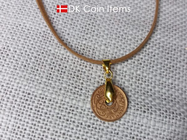 Denmark 1938 coin necklace. 86 year old coin pendant. Copper 1 ore with Crown C initial