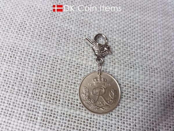 Denmark 1958 coin pendant charm. 66 year old 25 ore coin with Crown R initial