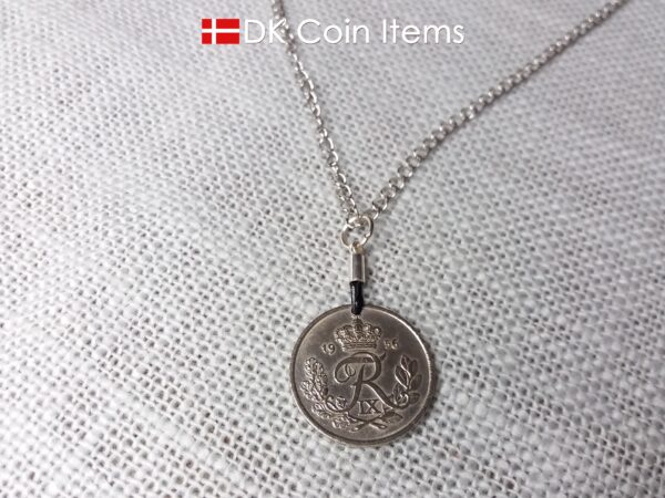 Denmark 1956 coin pendant necklace with 68 year old R initial 25 ore