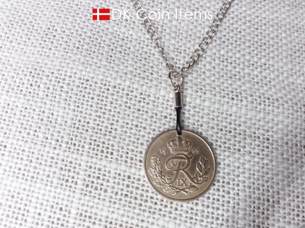 Denmark 1955 coin pendant necklace with 69 year old R initial 25 ore