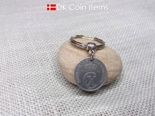 Denmark 1941 coin keychain. 83 year old C initial 2 ore coin pendant