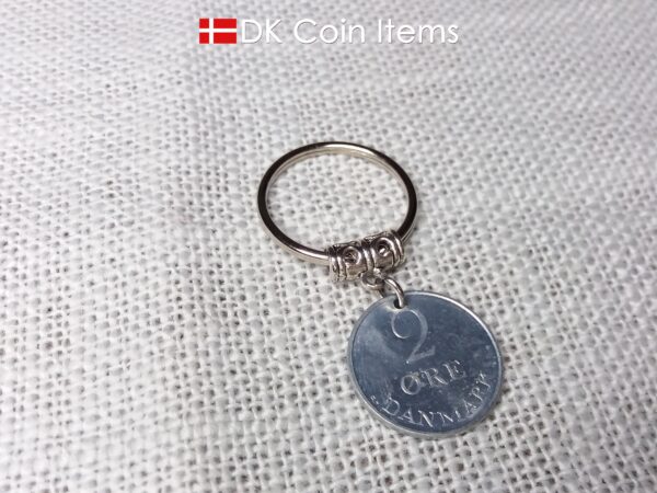 Denmark 1970 coin keychain. 54 year old R-initial 2 ore coin pendant. 54th birthday gift.