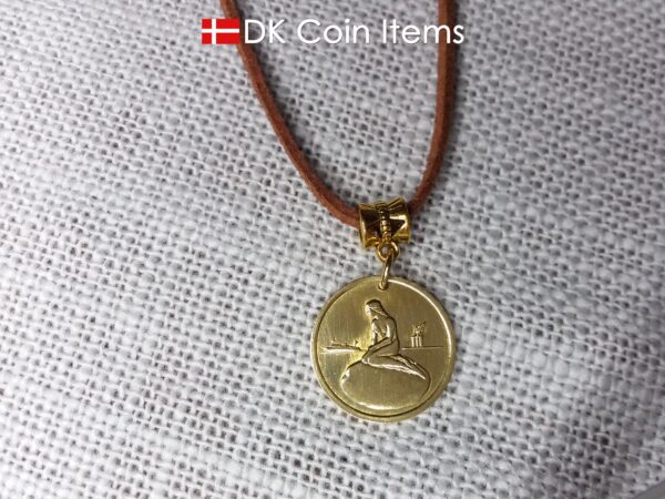 Danish coin necklace with The Little Mermaid on a vintage token coin from Copenhagen