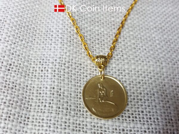 Danish Little Mermaid necklace with The Little Mermaid sculpture on a vintage Copenhagen token coin