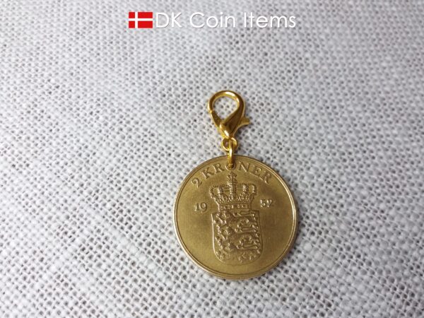 Denmark 1952 coin charm. 72 year old Golden Crown Coat of Arms 2 kroner coin pendant. Vintage souvenir gift.