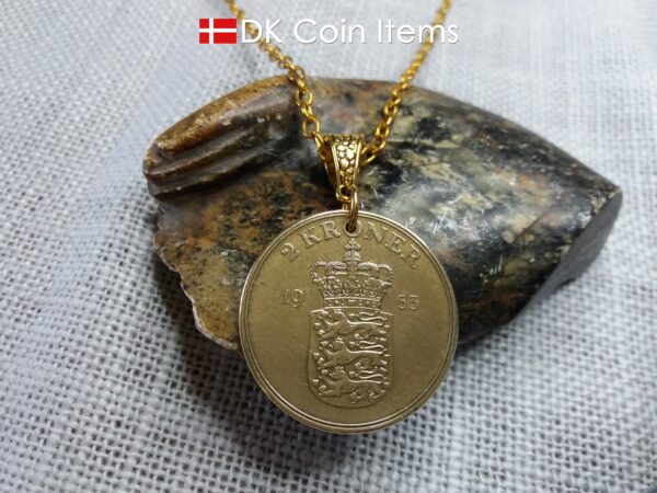 Denmark 1953 coin necklace. 71 year old Golden Crown Danish Coat of Arms 2 kroner as coin pendant