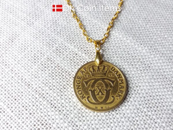 Denmark 1939 coin necklace. 85 year old golden Crown C initial 2 kroner coin pendant. Antique Danish souvenir gift