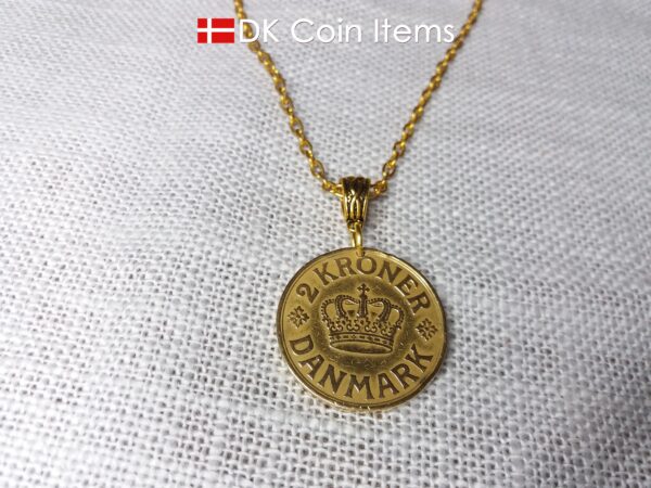 Denmark 1939 coin necklace. 85 year old golden coin pendant. Danish Crown C initial 2 kroner. Antique souvenir gift