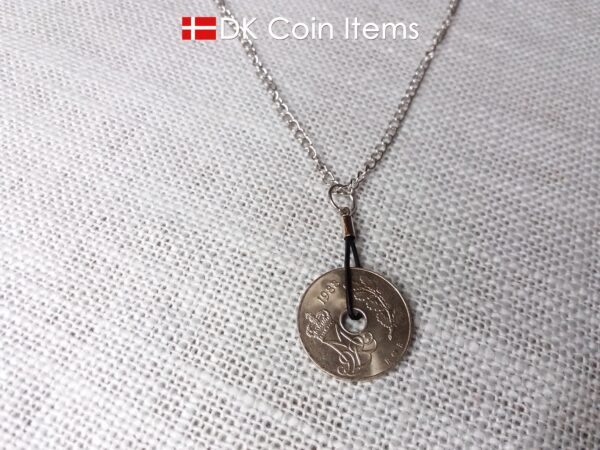 Denmark 1988 coin necklace. 36 year old coin pendant. Crown M Initial 25 ore. Danish vintage souvenir gift