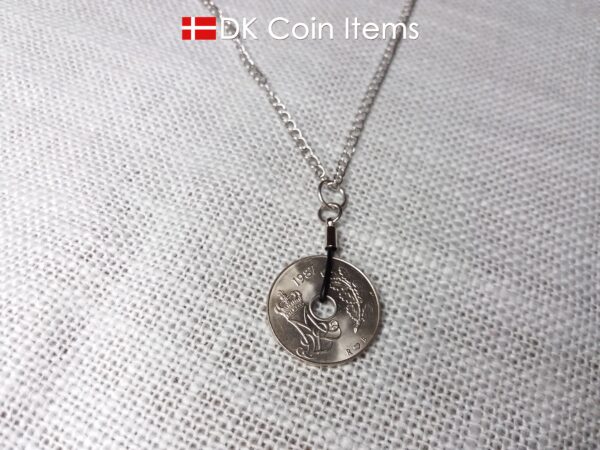 Denmark 1987 coin necklace. 37 year old Crown M Initial 25 ore coin pendant. Danish vintage souvenir gift