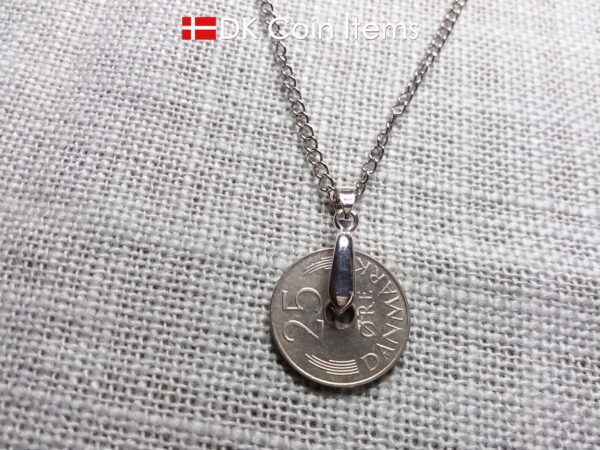 Denmark 1973 coin necklace. 51 year old Crown M Initial 25 ore coin pendant. Danish vintage souvenir gift