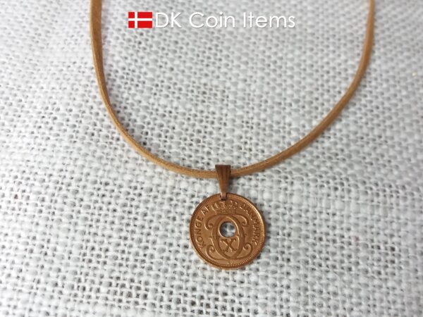 Denmark coin necklace with 86 year old coin pendant. Danish initial C copper 1 ore coin