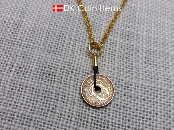 Antique Danish 1934 coin necklace with 87 year old Crown C initial copper 1 ore coin pendant from Denmark