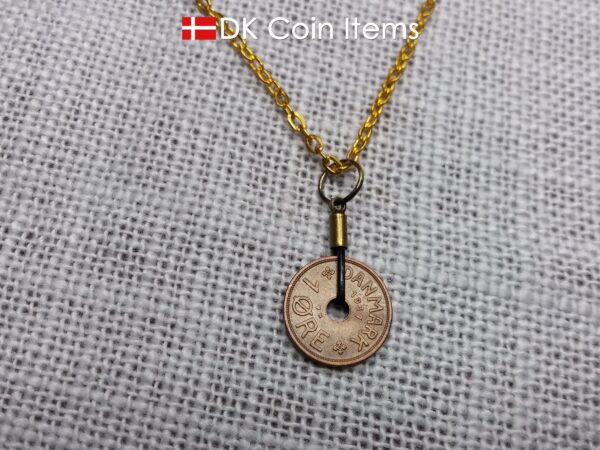 Antique Danish 1937 coin necklace with 87 year old Crown C initial copper 1 ore coin pendant from Denmark