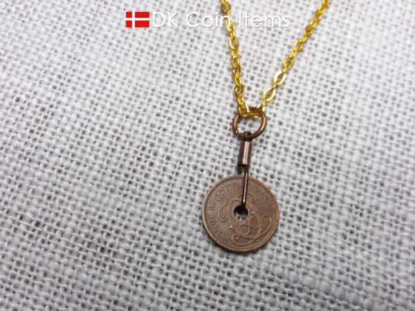 Antique Danish 1930 coin necklace with 94 year old Crown C initial copper 1 ore coin pendant from Denmark