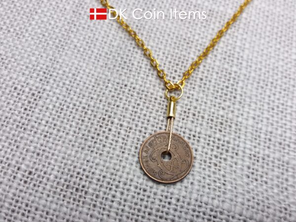 Danish 1933 coin necklace. 91 year old copper 1 ore from Denmark. Antique Crown C initial coin as pendant