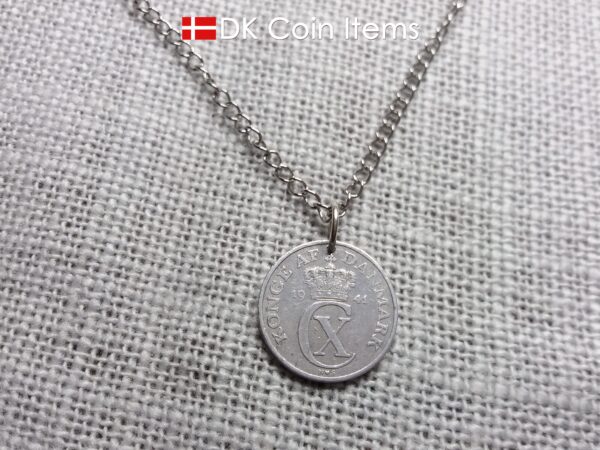 Denmark 1941 coin necklace. 83 year old Crown C initial 2 ore coin pendant. 83rd birthday gift. Antique Danish vintage souvenir gift.