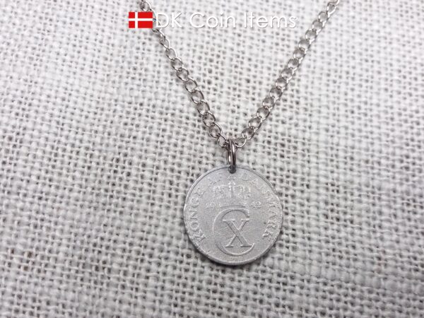 Denmark 1942 coin necklace. 82 year old Crown C initial 2 ore coin pendant. 82nd birthday gift. Antique Danish vintage souvenir gift