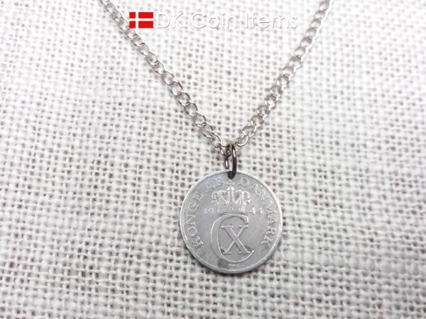 Denmark 1944 coin necklace. 80 year old Crown C initial 2 ore coin pendant. 80th birthday gift. Antique Danish vintage souvenir gift