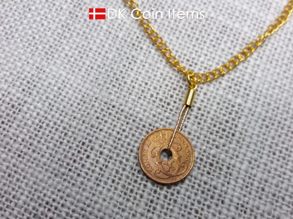 Denmark antique 1937 coin necklace. 87 year old Crown C initial copper 1 ore coin pendant. Danish vintage souvenir. 87th birthday gift