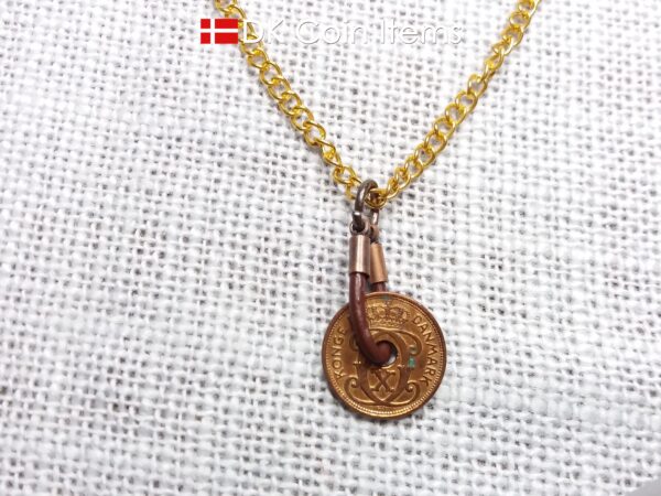 Denmark antique 1938 coin necklace. 86 year old Crown C initial copper 1 ore coin pendant. Danish vintage souvenir. 86th birthday gift