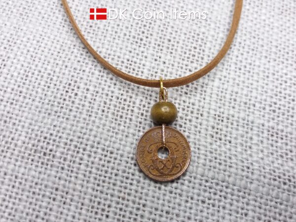 Denmark antique 1940 coin necklace. 84 year old Crown C initial copper 1 ore coin pendant. Danish vintage souvenir. 84th birthday gift