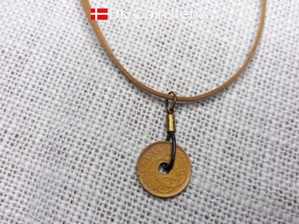 Denmark 1940 coin necklace. 84 year old Crown C initial copper 1 ore coin pendant. Antique Danish vintage souvenir. 84th birthday gift