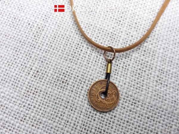 Denmark antique 1932 coin necklace. 92 year old Crown C initial copper 1 ore coin pendant. Danish vintage souvenir. 92nd birthday gift