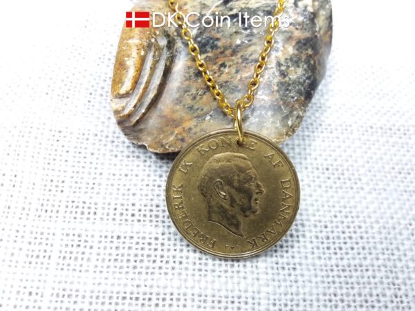 Denmark 1958 coin necklace. 66 year old Golden Crown Coat of Arms 2 kroner coin pendant