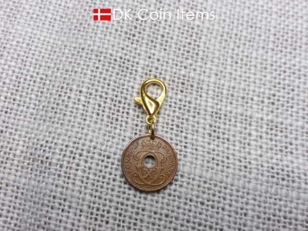 Denmark 1940 coin charm. 84 year old coin pendant. Copper 1 ore with Crown C initial