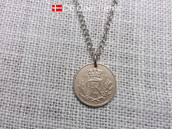 Denmark 1954 coin necklace. 70 year old coin pendant. Danish 25 ore with Crown R initial