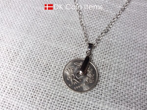 Denmark 1969 coin necklace. 55 year old coin pendant. Danish 25 ore with Crown R initial