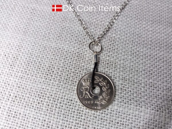 Denmark 1969 coin necklace. 55 year old coin pendant. Initial R 25 ore. Danish Crown souvenir