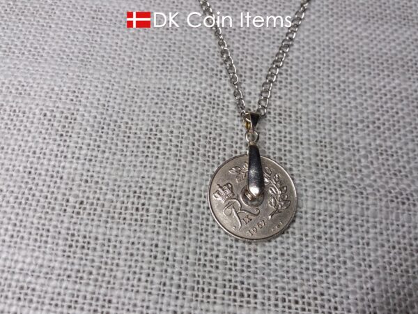 Denmark 1967 coin necklace. 57 year old coin pendant. Danish 25 ore with Crown R initial