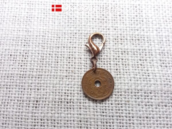 Denmark 1930 coin charm. 94 year old coin pendant. Copper 1 ore with Crown C initial