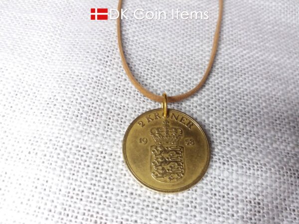 Denmark 1958 coin pendant necklace. 66 year old Golden Crown Coat of Arms 2 kroner coin