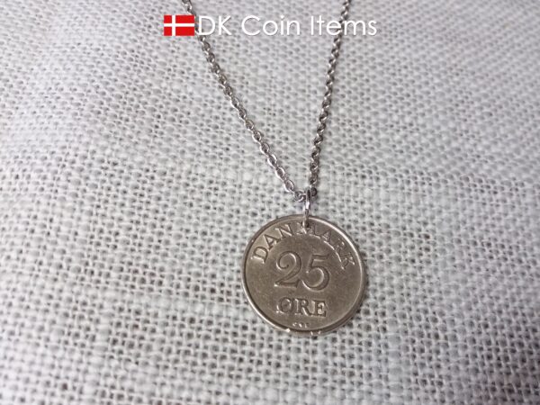 Denmark 1958 coin pendant necklace. 66 year old 25 ore coin with Crown R initial