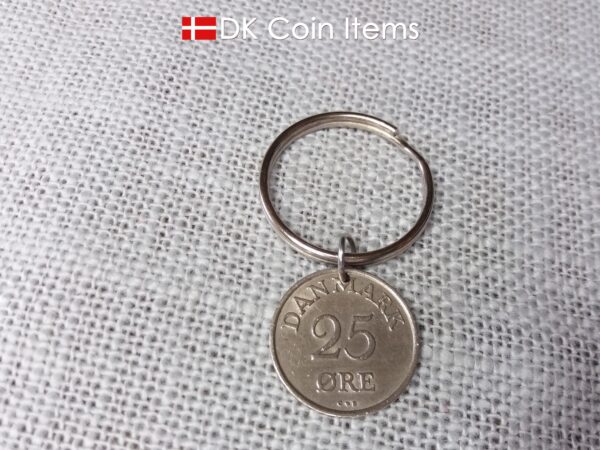 Denmark 1958 coin pendant keychain. 66 year old 25 ore coin with Crown R initial