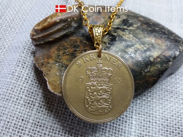 Denmark 1953 coin necklace. 71 year old Golden Crown Danish Coat of Arms 2 kroner as coin pendant