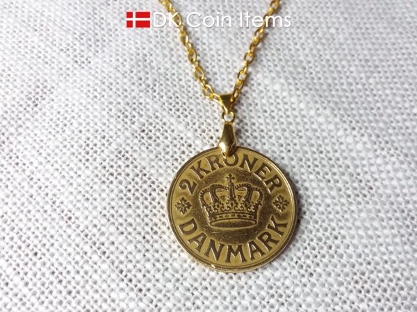 Denmark 1939 coin necklace. 85 year old golden Crown C initial 2 kroner coin pendant. Antique Danish souvenir gift