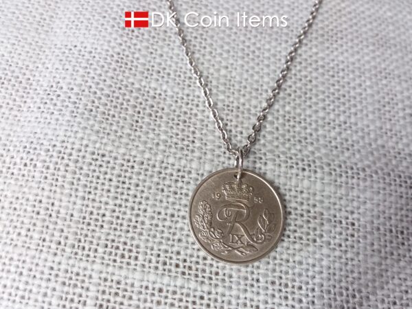 Denmark 1958 coin pendant necklace. 66 year old 25 ore coin with Crown R initial