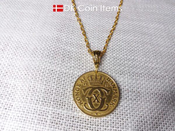 Denmark 1939 coin necklace. 85 year old golden coin pendant. Danish Crown C initial 2 kroner. Antique souvenir gift