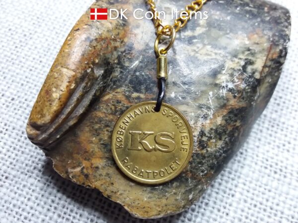 Denmark vintage token coin necklace with The Little Mermaid sculpture in Copenhagen. Danish fairy tale souvenir