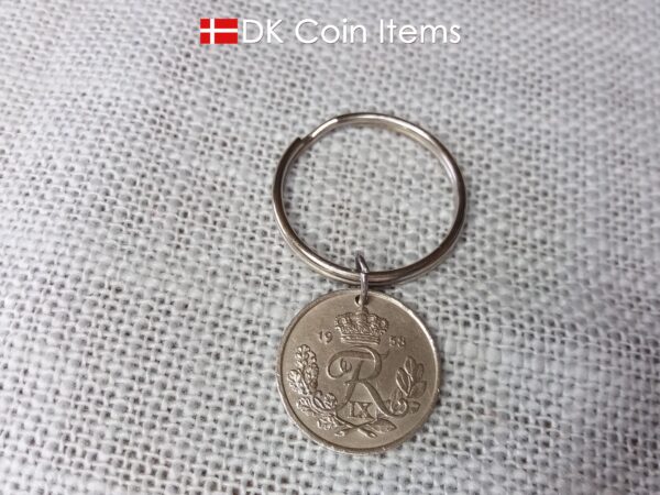 Denmark 1958 coin pendant keychain. 66 year old 25 ore coin with Crown R initial