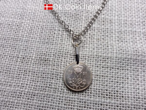 Denmark 1981 coin necklace with 43 year old M initial 10 ore as coin pendant. 43rd birthday gift. 10th anniversary gift