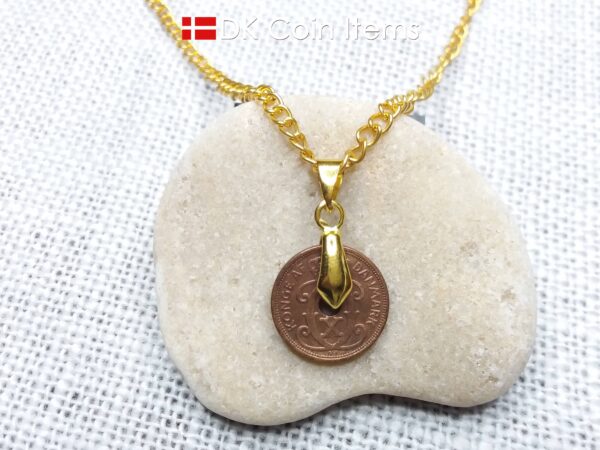 Denmark 1928 coin necklace. 96 year old coin pendant. Copper 1 ore with Crown C initial