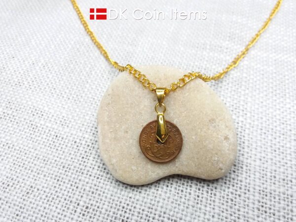 Denmark 1930 coin necklace. 94 year old coin pendant. Copper 1 ore with Crown C initial