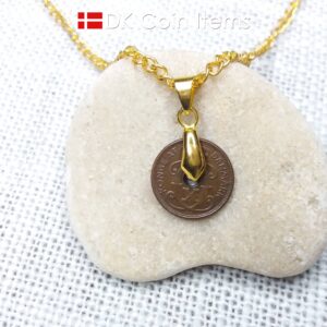 Denmark 1933 coin necklace. 91 year old coin pendant. Copper 1 ore with Crown C initial