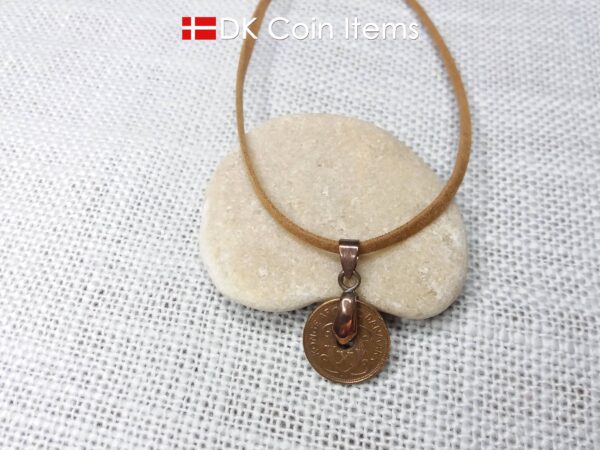 Denmark 1928 coin necklace. 96 year old coin pendant. Danish Crown C initial Copper 1 ore